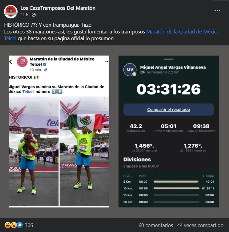 Los CazaTramposos Del Maratón, una de las páginas de Facebook dedicadas a buscar las irregularidades en los participantes, mostró las estadísticas de Vargas.