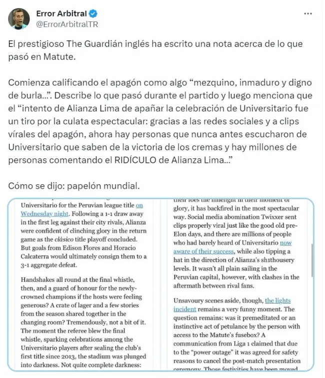 The Guardian tocó el apagón en Matute. (Foto: X Error Arbitral)