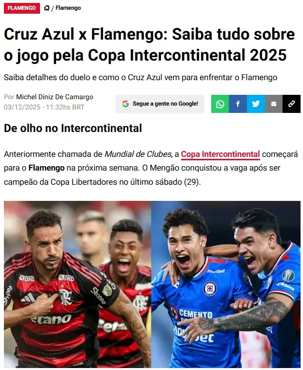 En Brasil respetan a Cruz Azul como rival de Flamengo. (Captura Bolavip Brasil)