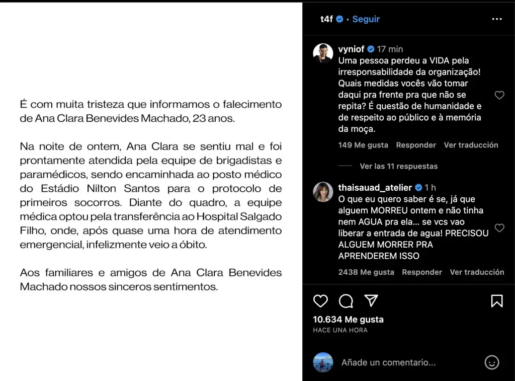 t4f se expresó en Instagram sobre lo sucedido y confirmando la noticia, además de dar sus condolencias a la familia y amigos de Ana Clara Benevides.