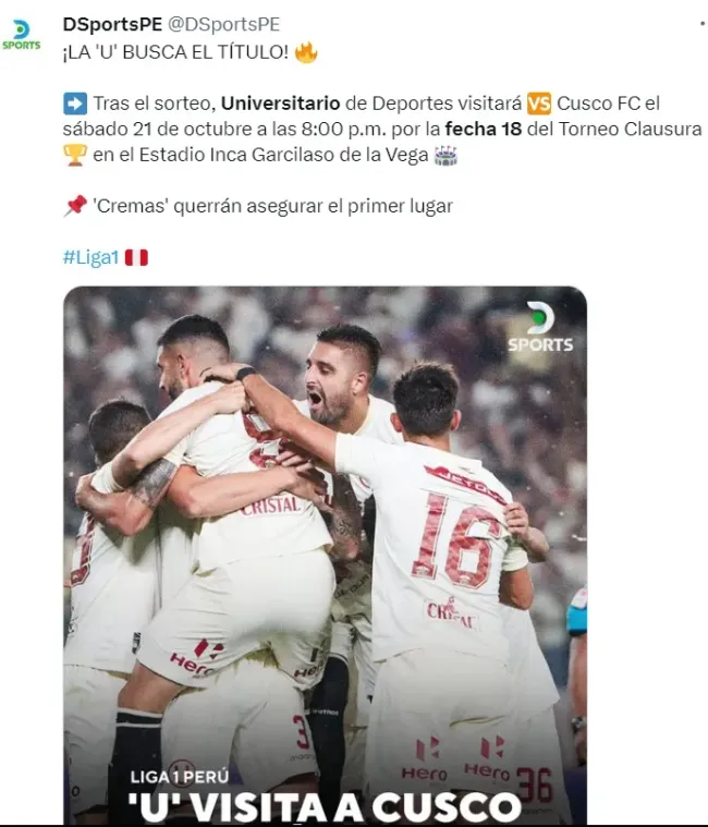 Universitario puede ser campeón del Torneo Clausura en la fecha 18. | Créditos: Twitter @DSportPe.