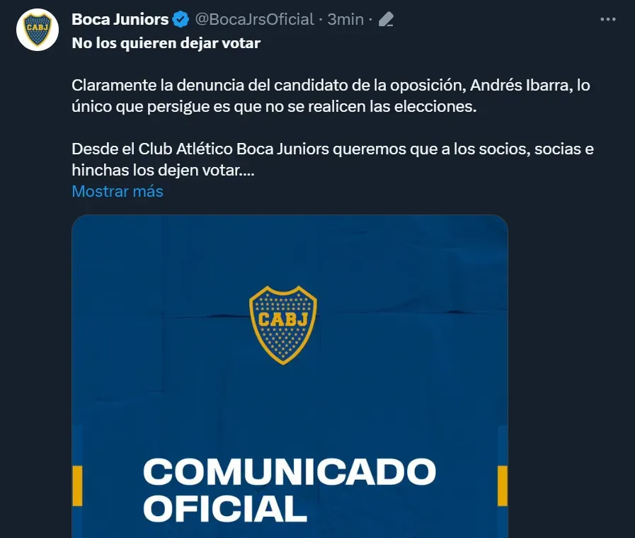 El comunicado oficial de Boca tras la suspensión de las elecciones presidenciales. (Twitter Boca)