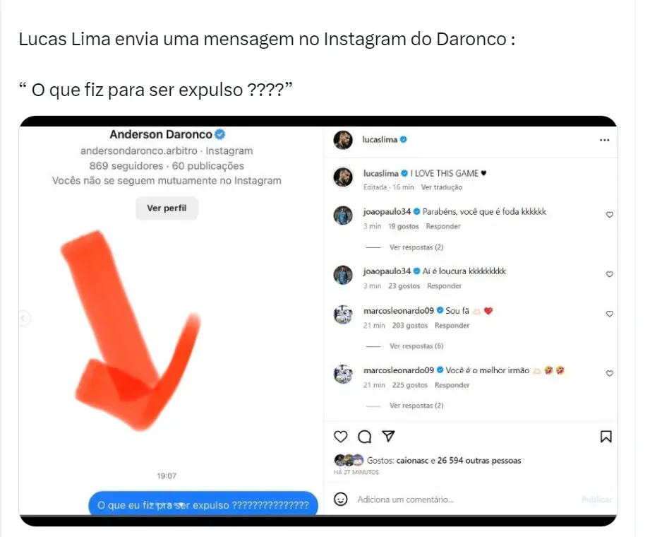 Lucas Lima, do Santos, cobra Daronco em rede social após cartão