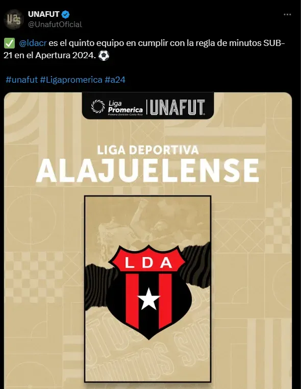 El tuit de la Unafut en su cuenta de X para felicitar a Alajuelense.