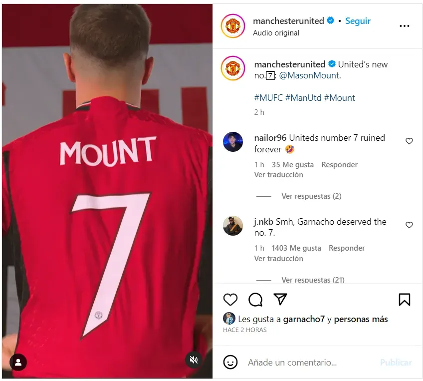 La reacción en Instagram de Alejandro Garnacho a la entrega del dorsal 7 del Manchester United a Mason Mount.