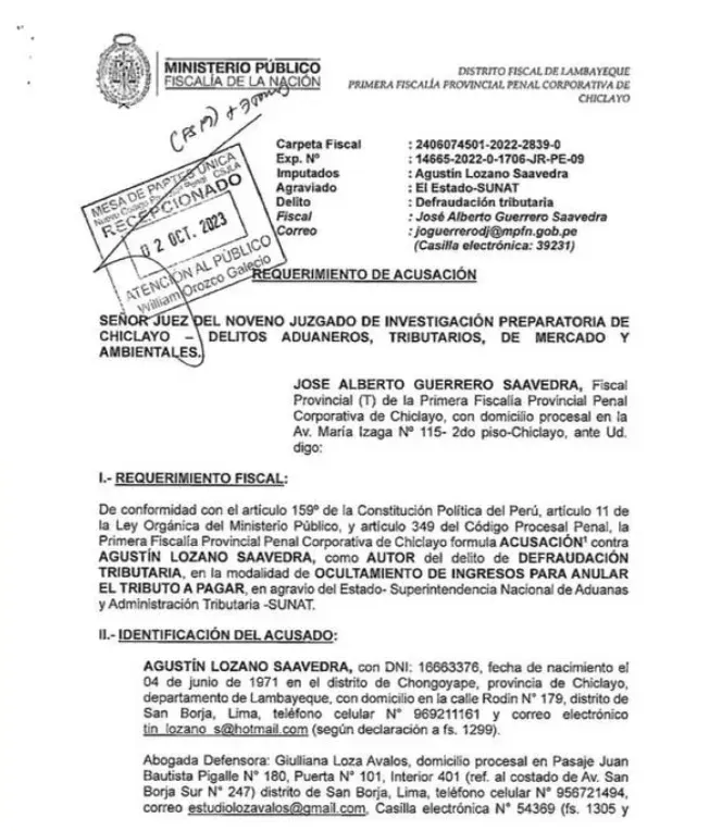 La Fiscalía Provincial de Chiclayo pide 5 años de prisión para Agustín Lozano. | Créditos: Fiscalía de la Nación.