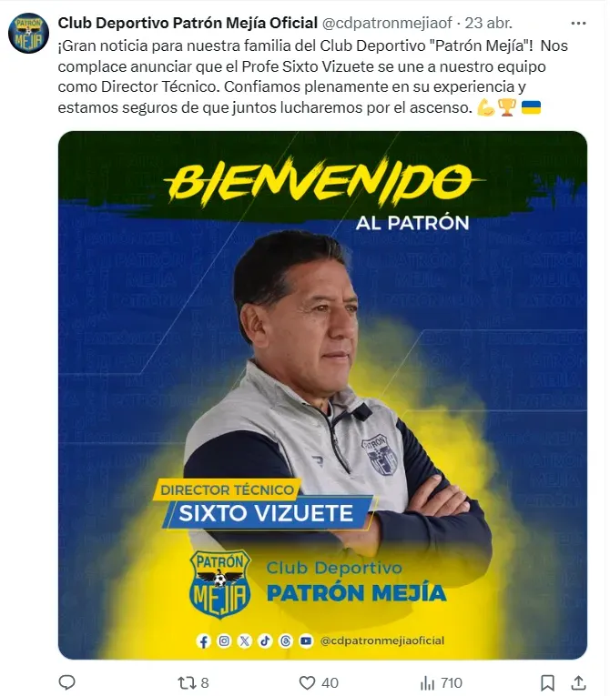 Así fue presentado Sixto Vizuete como DT del Mejía. (Foto: @cdpatronmejiaof)