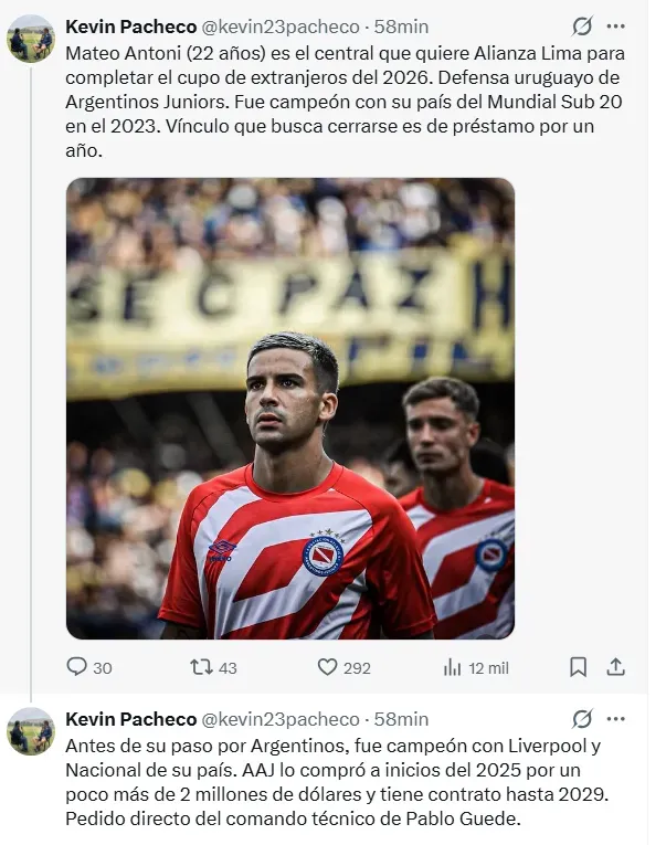 Mateo Antoni será nuevo jugador de Alianza Lima. (Foto: X)