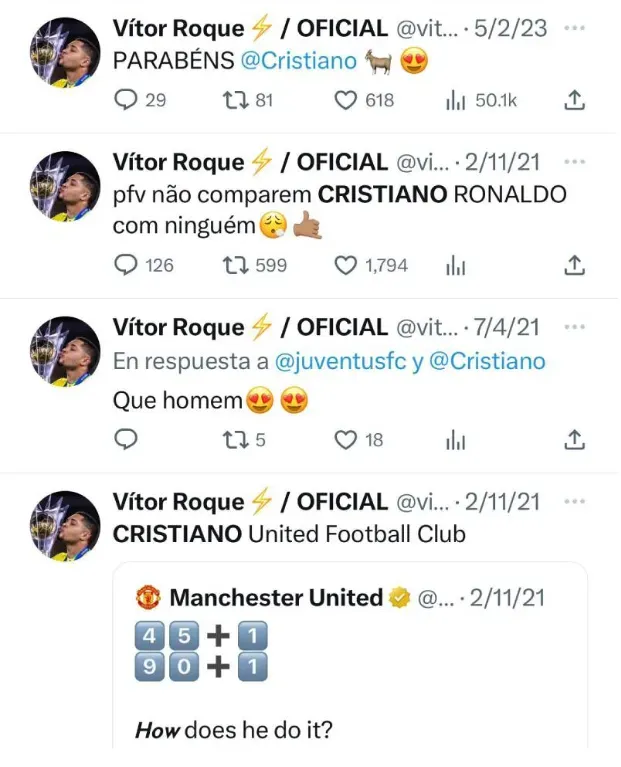 Mensajes de Vitor Roque en su cuenta de Twitter