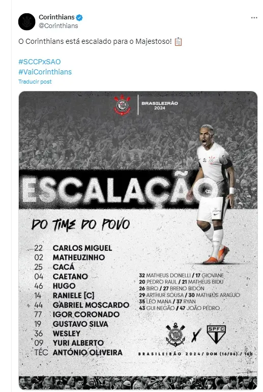 Vera, ni en el banco de Corinthians