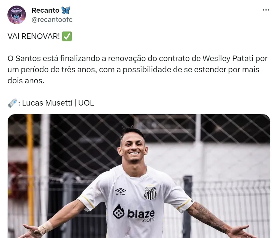 Santos trabalha na renovação de Wesley Patati
