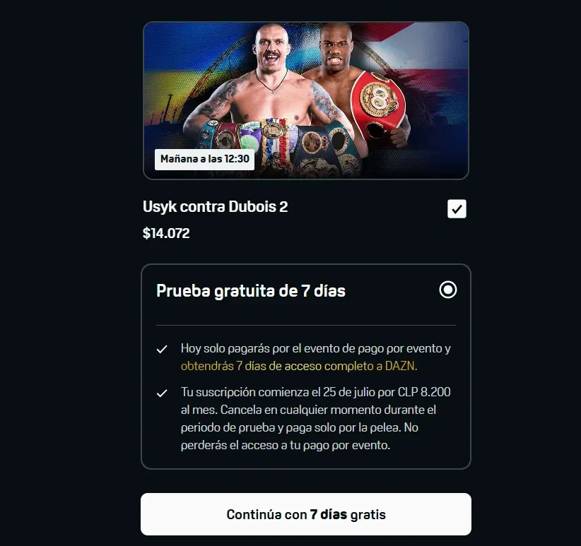 Ingresa a DAZN.com y aprovecha los días gratis para ver Usyk vs Dubois por solo 14 mil pesos de PPV.