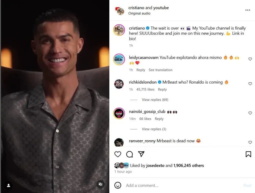 Cristiano Ronaldo launches his own YouTube channel. Via Instagram