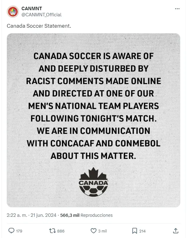 El comunicado de Canadá denunciando racismo. (Twitter)