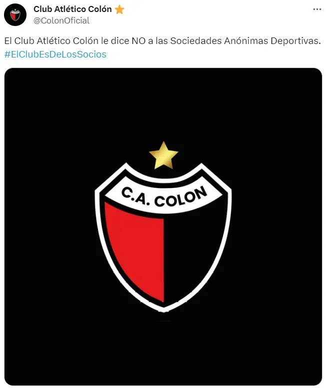 Colón, el primero de la Liga Profesional en pronunciarse contra las SAD (Captura Twitter)