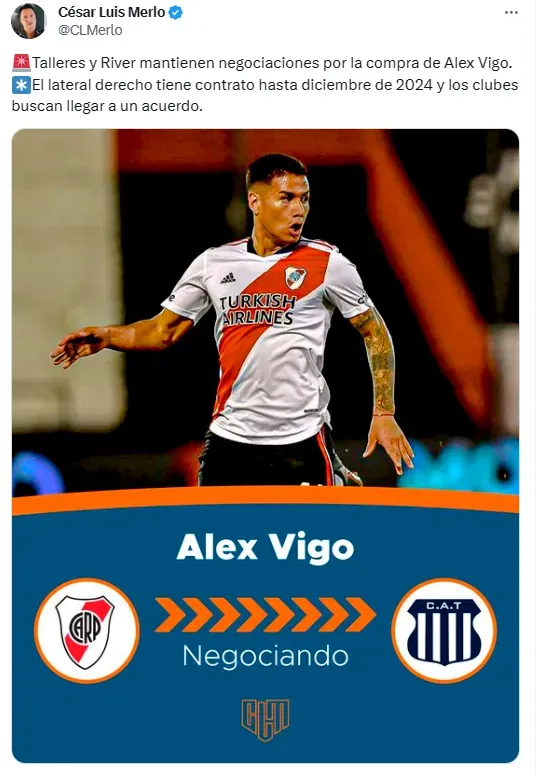 César Luis Merlo confirmó las negociaciones entre River y Talleres por Vigo.