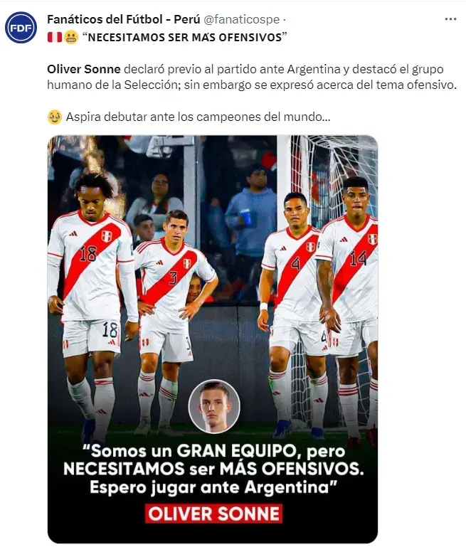 Perú vs Argentina: Oliver Sonne hizo pedido a Juan Reynoso. | Créditos: Twitter Fanáticos del Fútbol.