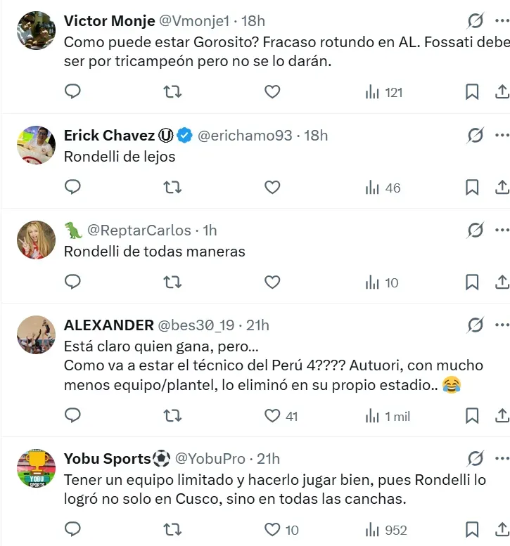 Reacciones de los hinchas por candidatura del ‘Pipo’ al DT del año en Perú. (Foto: X)