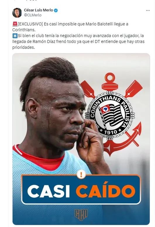 Balotelli se aleja de Corinthians por decisión de Ramón Díaz.