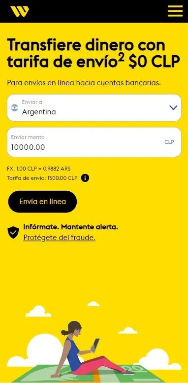 Al ingresar a westernunion.com te encontratás con esta página, desde donde podrás enviar dinero.