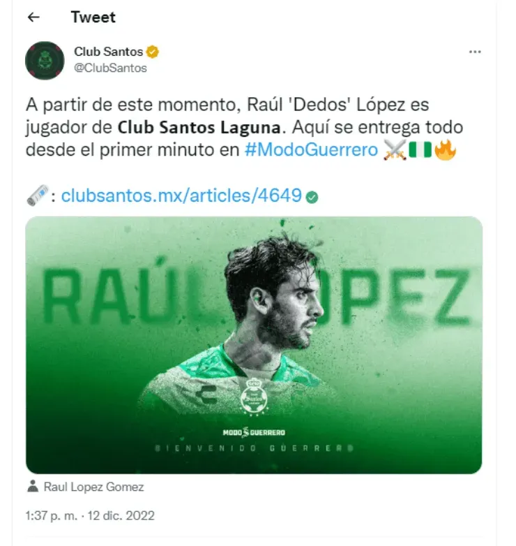 López fue anunciado como nuevo jugador de Santos Laguna. (@ClubSantos)