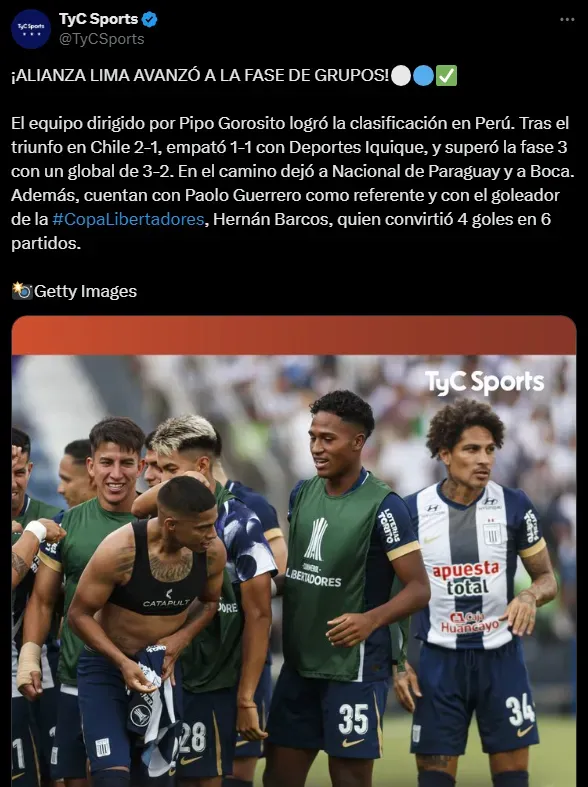 TyC Sports informa la clasificación de Alianza Lima (Foto: X).