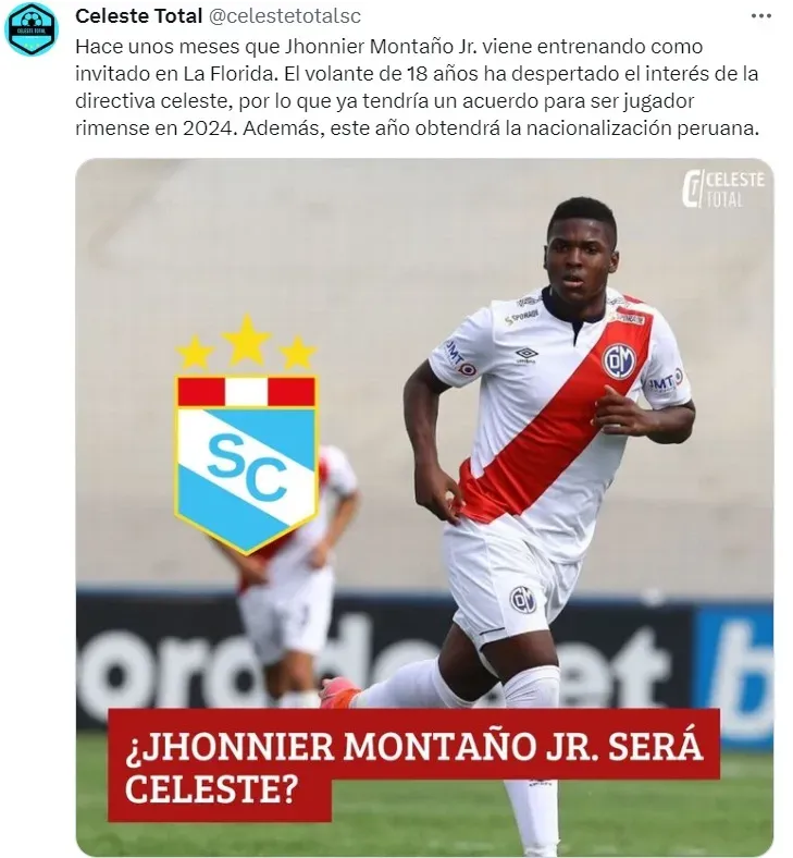 Jhonnier Montaño ya entrena con Sporting Cristal. (Foto: Cuenta X Celeste Total)
