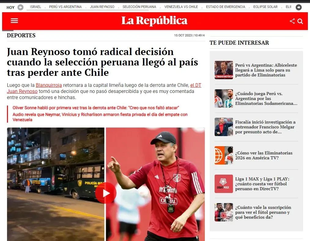 El Diario La República publicó el plan de Juan Reynoso contra Argentina. (Foto: Google).