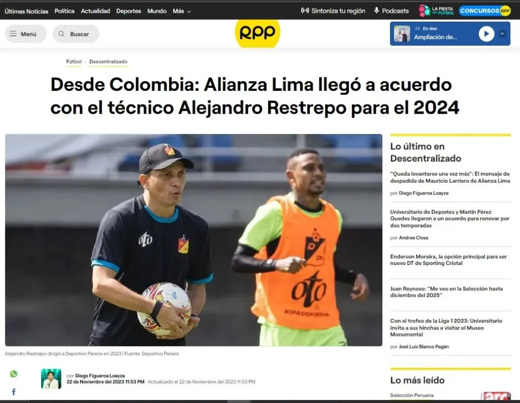 RPP Noticias brinda detalles sobre Alejandro Restrepo. (Foto: RPP Noticias).