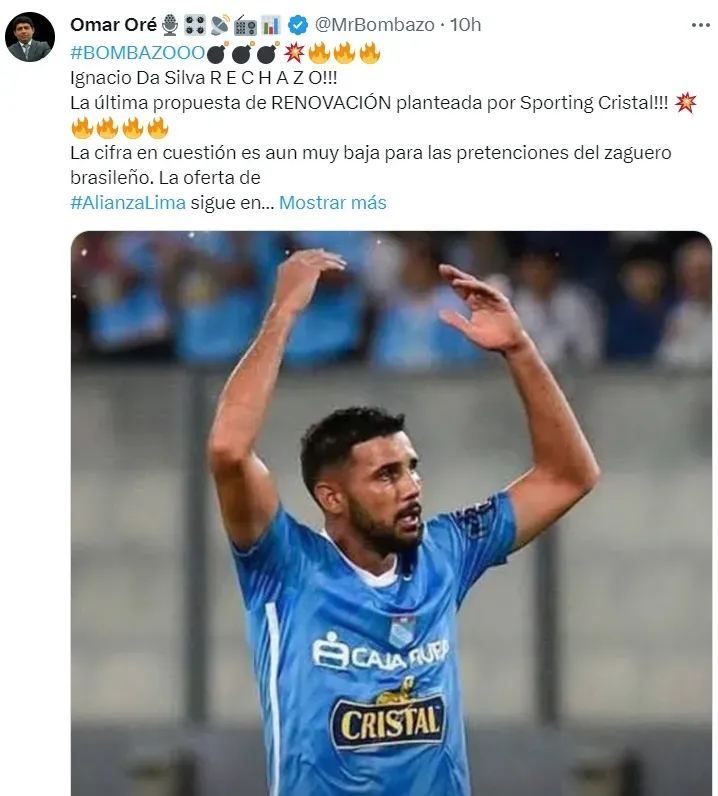 Ignácio Da Silva no renueva con Sporting Cristal. Fuente: Twitter @MrBombazo