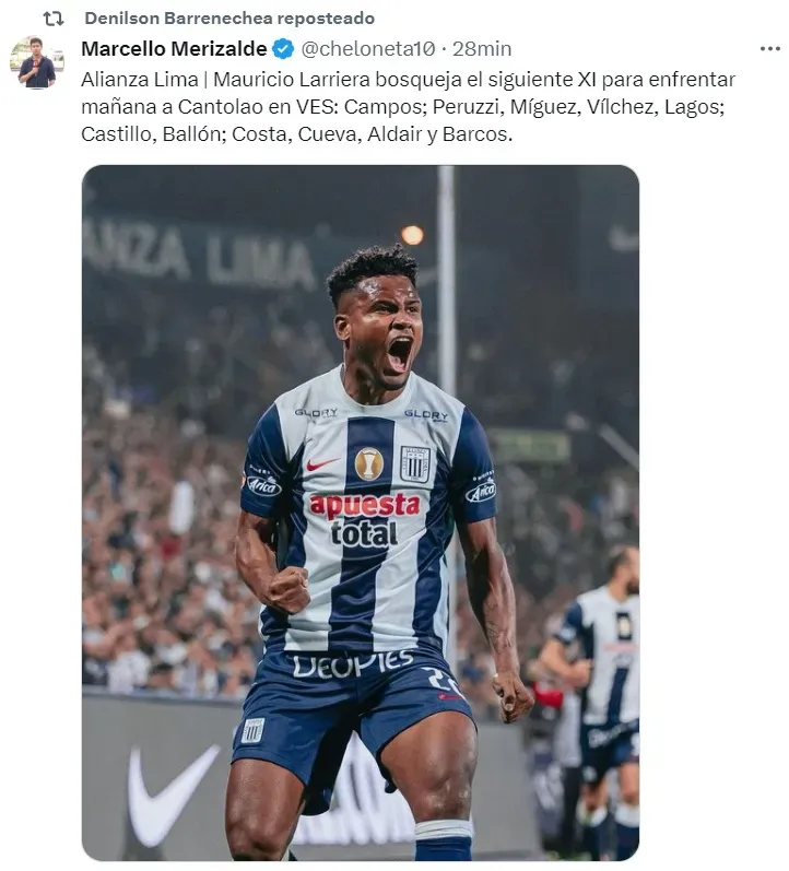 ¿Mauricio Larriera pondrá a Cristian Benavente en el once de Alianza Lima? Foto: Twitter @cheloneta10.