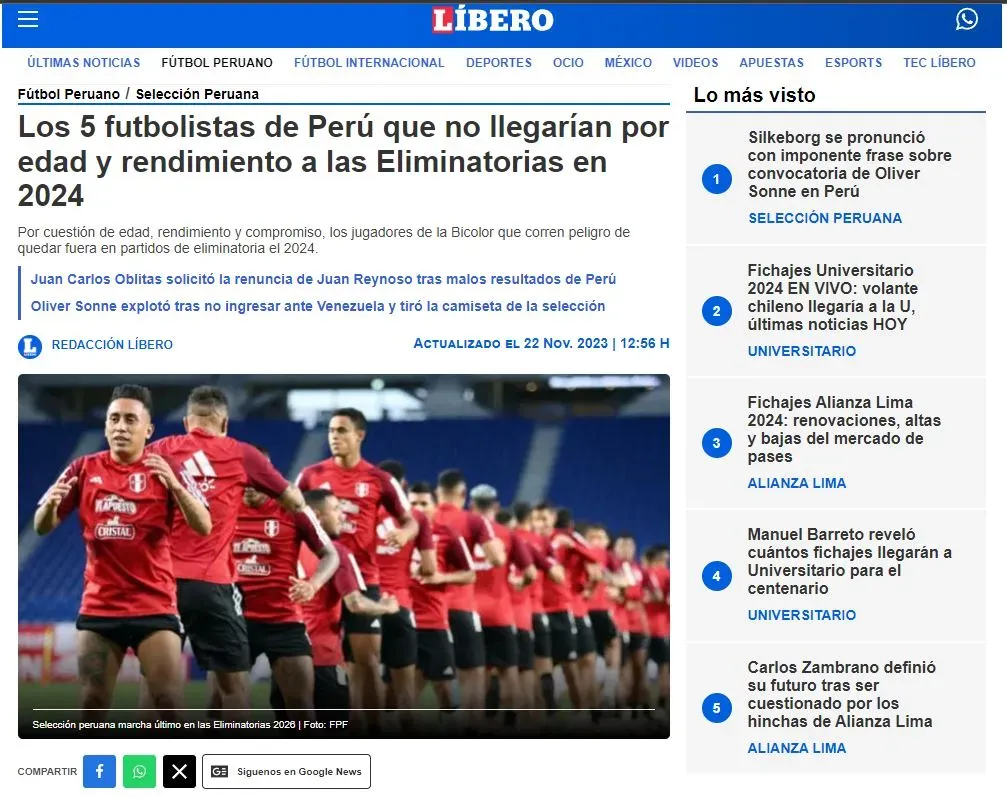 El Diario Líbero hace un interesante reseña de jugadores a dejar la Selección. (Foto: Diario Líbero).