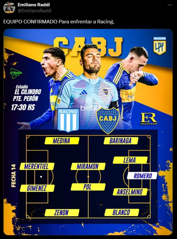 Los 11 de Boca para enfrentar a Racing.