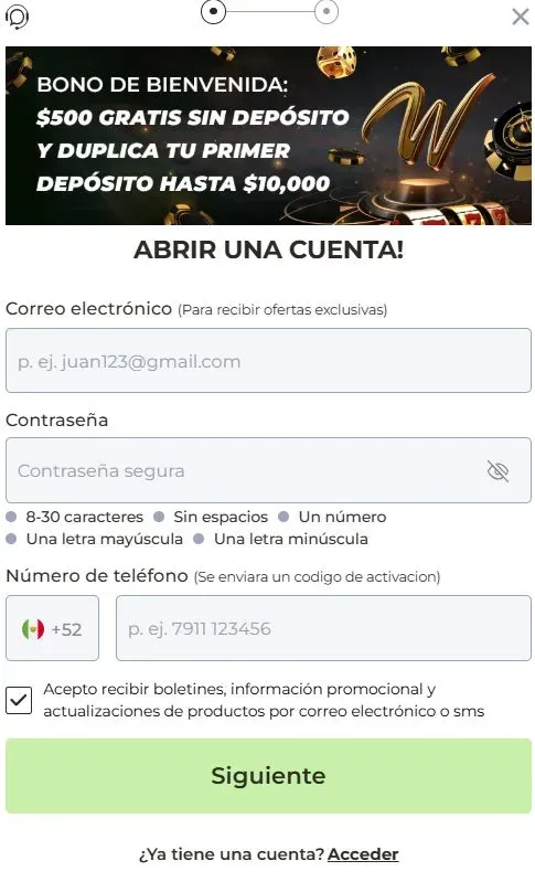 Pantalla de registro en Winpot 
