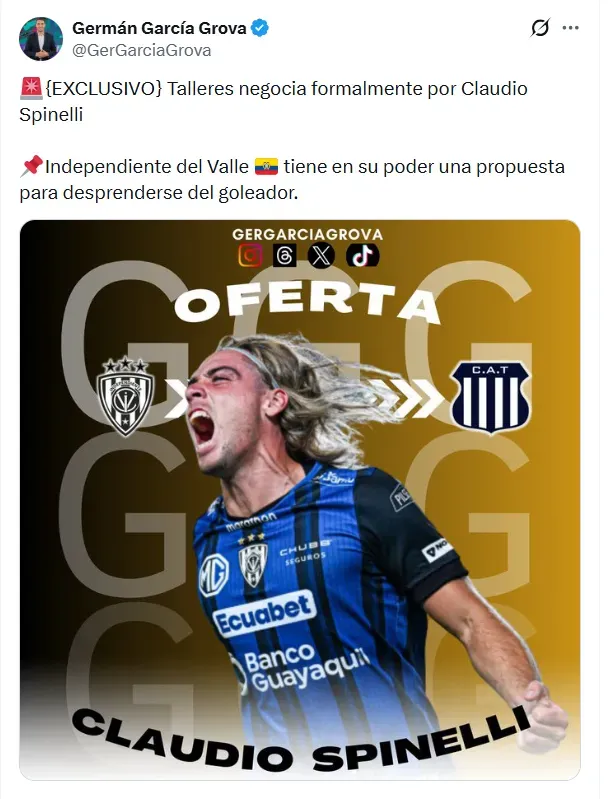 Talleres va por Spinelli con el dinero que Alianza pagó por Girotti. (Foto: X)