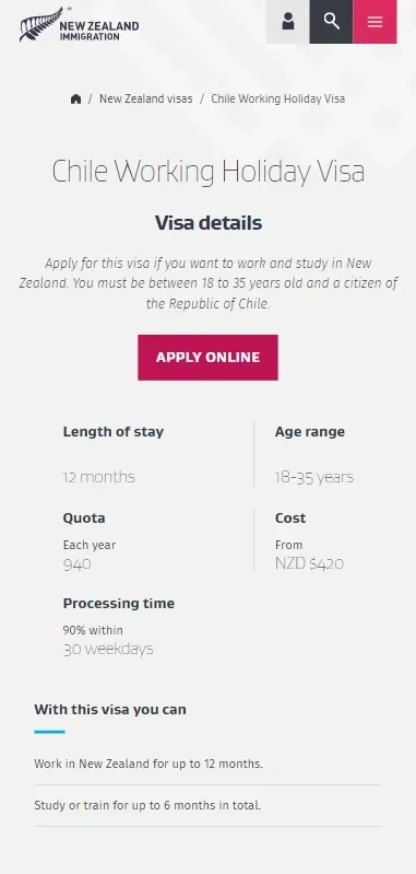 Así se ve la web para aplicar a la visa Working Holiday de Nueva Zelanda | Foto: www.immigration.govt.nz