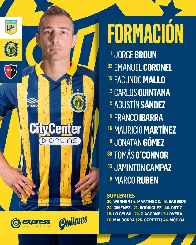 Formación oficial de Rosario Central para el Clásico (X @RosarioCentral).