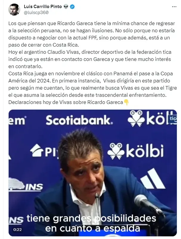 Claudio Vivas hablando sobre Ricardo Gareca a la Selección de Costa Rica. | Twitter Luis Carrillo Pinto.