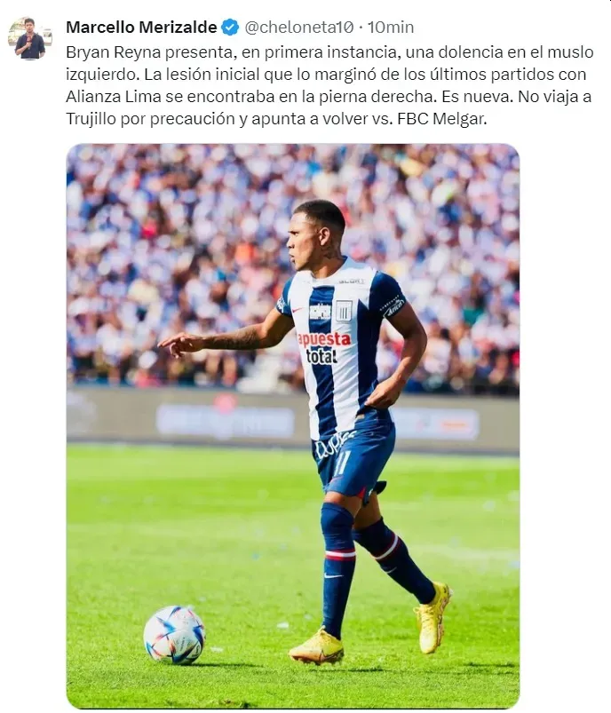 Bryan Reyna padece una terrible lesión en Alianza Lima. | Créditos: Twitter @cheloneta10.