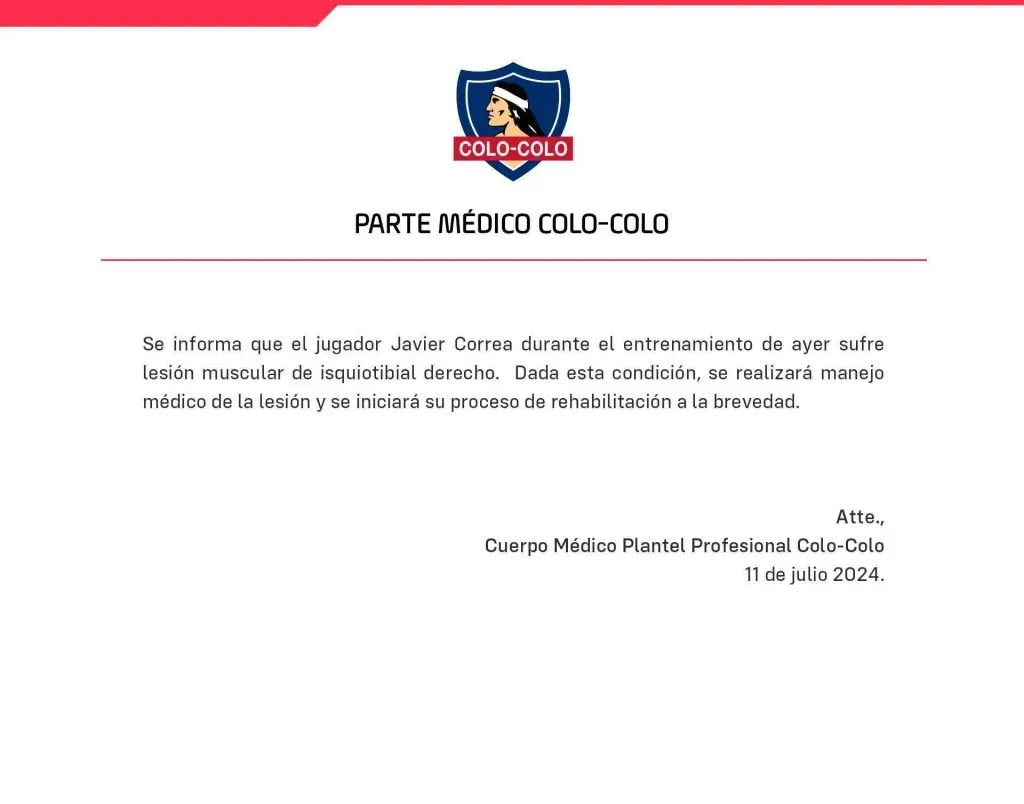 El comunicado de Colo Colo por lesión de Javier Correa. (Foto: @ColoColo)