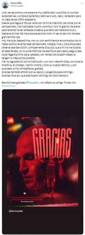 El mensaje de Torres Nilo en Twitter