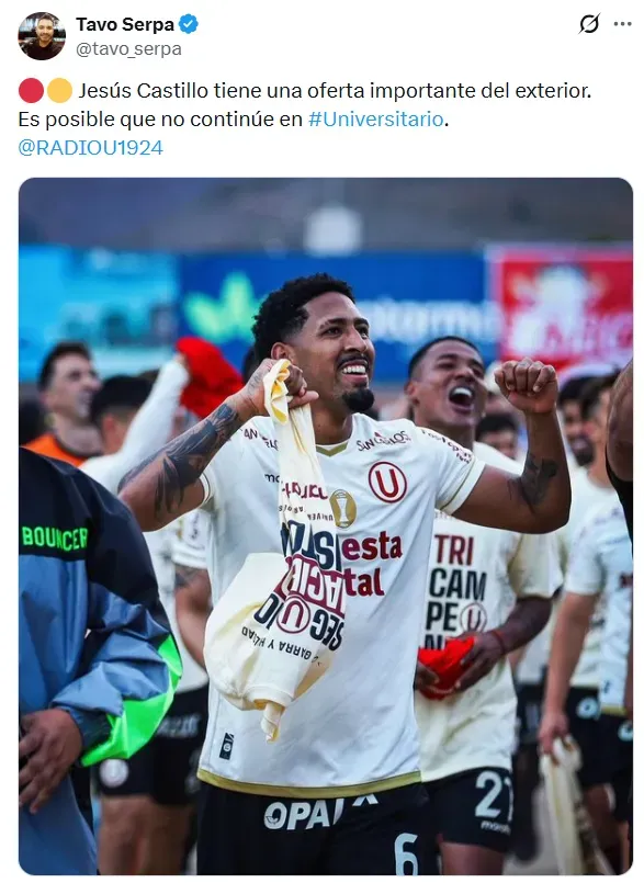 Castillo está a punto de dejar Universitario. (Foto: X)