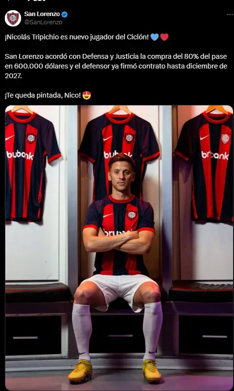 Tripichio firmó en San Lorenzo por 600mil dólares.