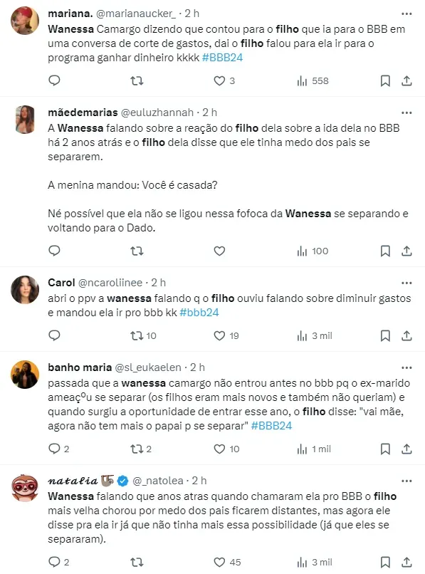 Internautas comentam sobre fala de Wanessa Camargo no BBB 24 - Foto: Twitter