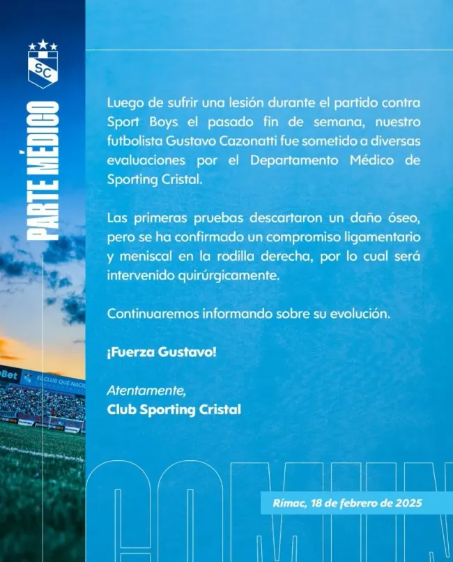 Comunicado oficial sobre Gustavo Cazonatti. (Foto: Sporting Cristal).