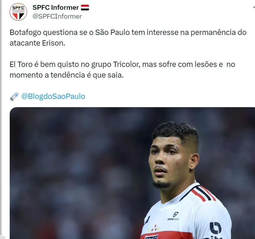 Sem Calleri, São Paulo dá chance a Erison antes de buscar centroavante no  mercado