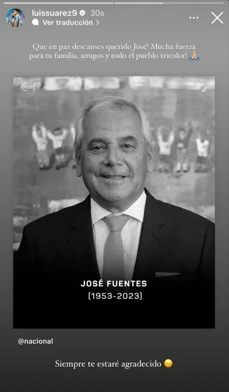Luis Suárez reaccionó a la muerte de José Fuentes (Instagram).