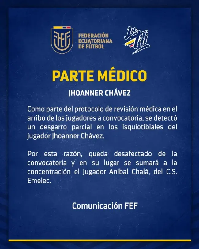 La FEF emitió un comunicado dando a conocer la lesión de Chávez y la convocatoria de Aníbal Chalá.