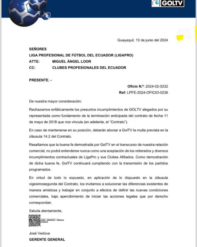 La carta de GolTv a la LigaPro. (Foto: @MrOFFIDER)