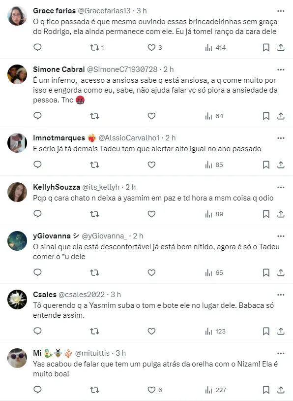 Internautas comentam reação de Yasmin Brunet contra Rodriguinho no BBB 24 - Foto: Globo